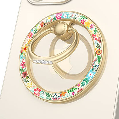 Doflyesky Magnetic Phone Ring Holder for iPhone, 360 Degree Rotation Floral Phone Grip Finger Ring Kickstand for iPhone 16 15 14 13 12 Pro Max Plus MagSafe Case, Android Phone, Gold
