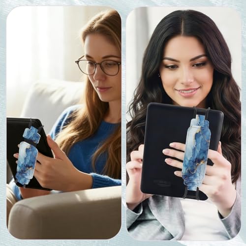 Secure Hand Strap for 6-7.5" Kindle and Tablets, Versatile Lightweight Faux Leather E-Book Grip Holder, Heavy-Duty E-Book Accessories for Reading Lover Gift (Blue Marble) - color: Blue Marble