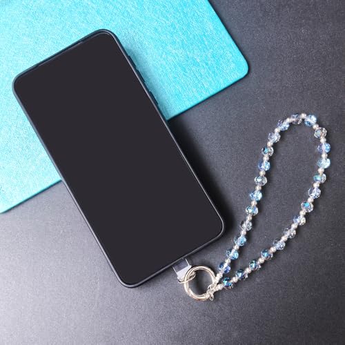 Acofect Crystal Beaded Phone Wrist Strap Charm Chain Wristlet Cellphone Lanyard Bracelet Keychain with Tether Tab Hands-Free - color: Round Ab Blue