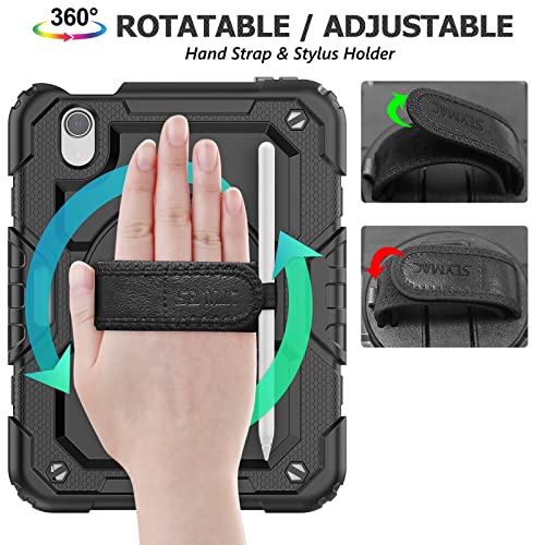 SEYMAC stock Case for iPad mini 7 (A17 Pro) 2024/ Mini 6 8.3'' with Screen Protector Pencil Holder [360 Rotating Hand Strap] &Stand, Drop-Proof Case for iPad mini 7th/6th Generation 8.3", Black - color: Black