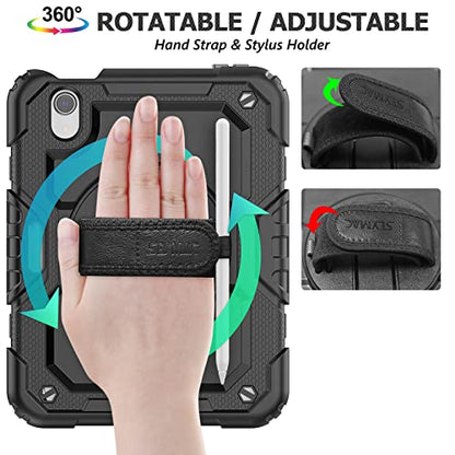 SEYMAC stock Case for iPad mini 7 (A17 Pro) 2024/ Mini 6 8.3'' with Screen Protector Pencil Holder [360 Rotating Hand Strap] &Stand, Drop-Proof Case for iPad mini 7th/6th Generation 8.3", Black - color: Black