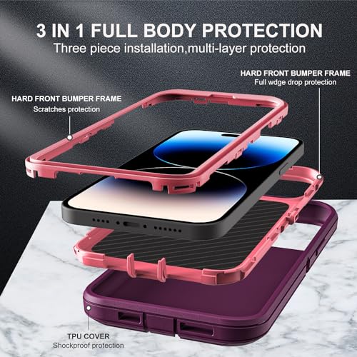 YKHJKLEC for iPhone 14 Pro Case, Military Grade 3 in 1 Heavy Duty Shockproof/Drop Proof/Dust Proof Case with 2Pcs Tempered Glass Screen Protector (Purple/Pink) - color: Purple/Pink