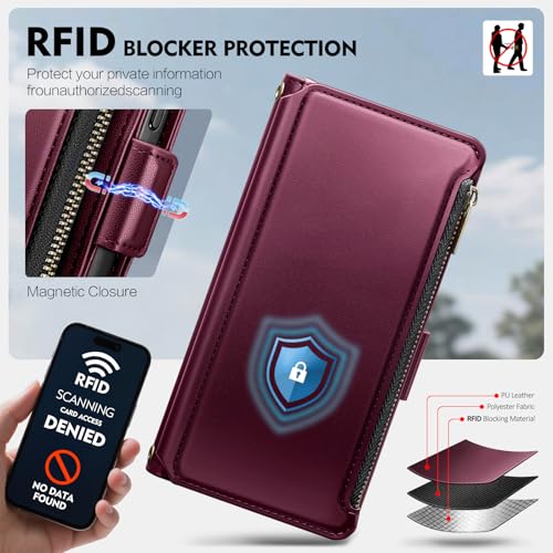 for Samsung Galaxy S26 Wallet Case with Card Holder RFID Blocking PU Leather Zipper Phone Case Flip Folio Protective Cover Wrist Strap Credit Card Slots Kickstand Men Women,Wine Red - color: Wine Red, size: Samsung Galaxy S26 - 6.3"