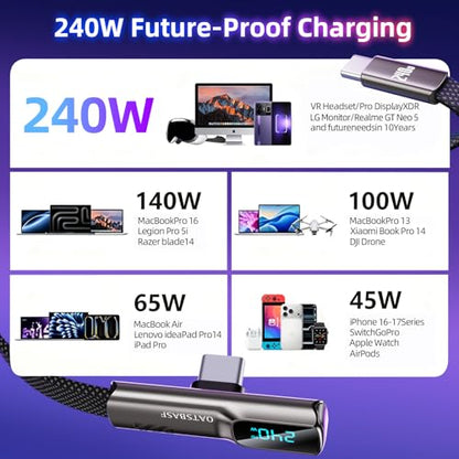 240W USB C to C Cable with LED Display, Right Angle Type-C Cable
