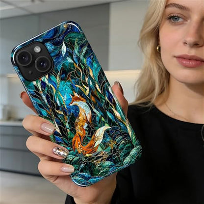 Case Compatible with iPhone 15, Cute Dual Layer Hybrid Phone Cover, Military Grade Drop Protection, Aesthetic Shockproof Phone Case for Women Girls, Woodland Fox Stained Glass - color: Woodland Fox Stained Glass, size: Iphone 15