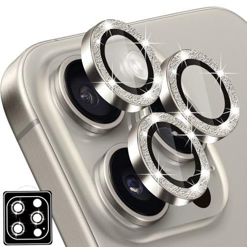 Designed for iPhone 16 Pro and 16 Pro Max Camera Lens Protector, Diamond Glitter Bling Sparkle Lens Cover 9H Tempered Glass Camera Cover Anti Scratch Shockproof Screen Protector for Women Girls - color: Natural Titanium Glitter