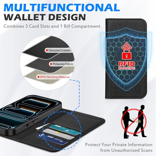 SHIELDON Genuine Leather Case Wallet for iPhone 17 Pro 6.3", Pebbled Black | Magnetic Closure, RFID Blocking, Credit Card Slot, Viewing Stand, Foldable Design, Shockproof TPU Phone Cover - color: Pebbled Black