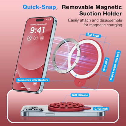 Magnetic Suction Cup Phone Mount with MagSafe, Silicone Hands-Free Grip Holder for iPhone Case and Android, Mirror Shower Phone Stand for Makeup FaceTime Gym Kitchen Bathroom, Deep Red - color: Deep Red