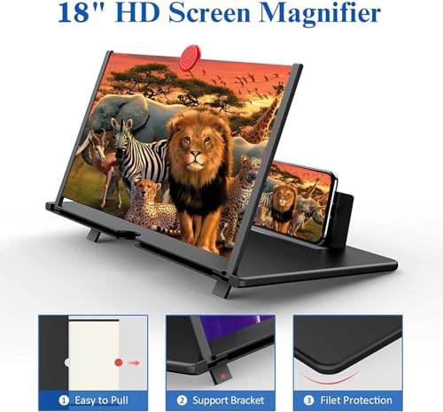 18 Inch Screen Magnifier for Cell Phone – 3D HD Magnifing Screen Enlarger Projector for Movies Videos and Gaming – Foldable Phone Stand Holder with Screen Amplifier–Compatible with All Smartphones - color: Black-18inch