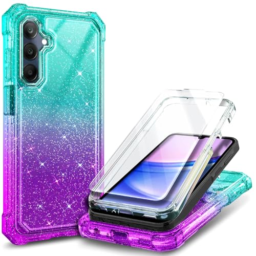 Compatible with Samsung Galaxy A15-5G Phone Case Glitter Aqua/Purple | Full-Body Protective Shockproof Bumper Cover with Tempered Glass Screen Protector, 12FT Military Grade Drop Tested - color: Glitter Aqua/Purple, size: Samsung Galaxy A15-5G