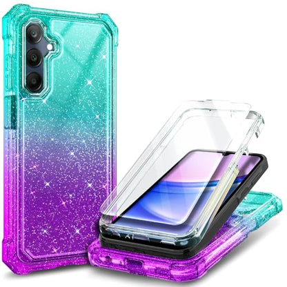 Compatible with Samsung Galaxy A15-5G Phone Case Glitter Aqua/Purple | Full-Body Protective Shockproof Bumper Cover with Tempered Glass Screen Protector, 12FT Military Grade Drop Tested - color: Glitter Aqua/Purple, size: Samsung Galaxy A15-5G