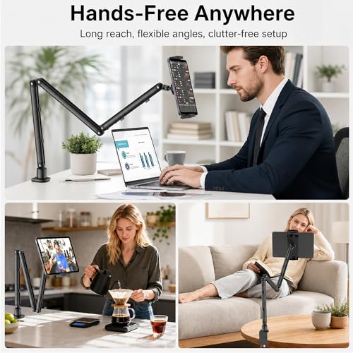 iPad Holder for Desk, Adjustable Tablet Arm iPad Desk Mount with C-Clamp - color: Black, size: 15.6" Slim Clamp