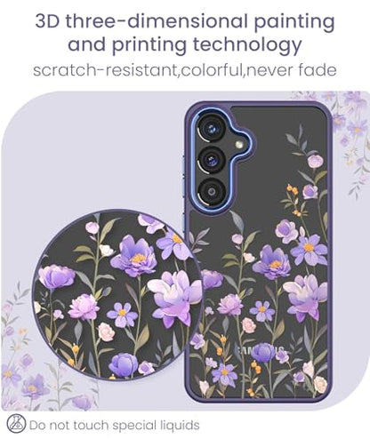Clear Flower Pattern Case for Samsung Galaxy S26 FE-Deep Purple | Girl Women Slim Soft TPU + Hard PC Military Grade Protective Phone Cover WithTempered Glass Screen Protector for S26 FE - color: S26 FE-Deep Purple