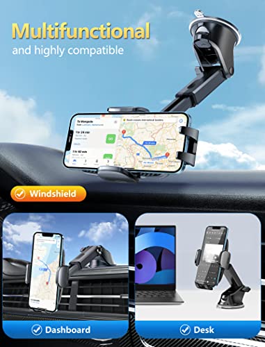 Phone Holder Mount for Car [Strong Suction] Hands-Free Universal Cell Phone Mounts for Dashboard/Windshield, 360° Rotation Extendable Mobile Car Holder for Smartphones