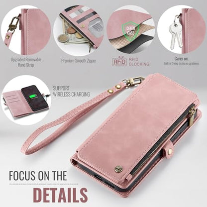 Defencase for Samsung Galaxy S26 Wallet Case with RFID Card Holder, Pink | Durable Soft PU Leather, with Zipper Pocket, Wrist Strap, Fashion Snap Flip S26 Phone Cases Cover with Stand for Women Men - color: Rose Pink