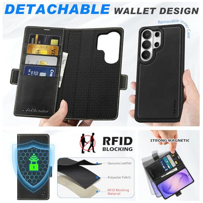 SHIELDON Detachable Wallet Case for Galaxy S26 Ultra 6.9" 2026, Retro Black | Genuine Leather, Kickstand, Magnetic Closure, RFID Blocking, Credit Card Slot, Removable, Folio Shockproof Cover - color: Retro Black