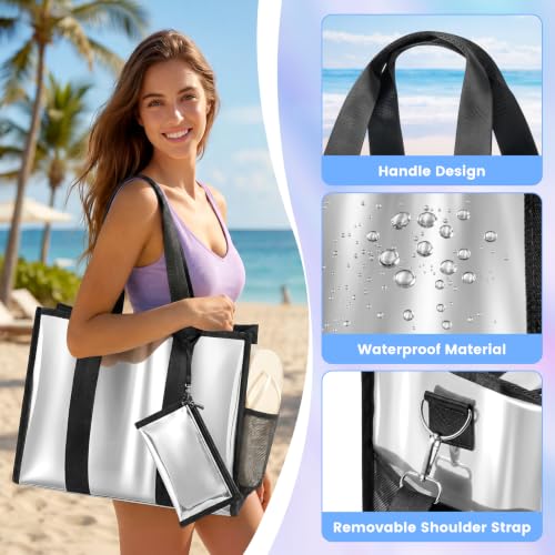 3-Piece Iridescent Beach Bag Set for Women, Large PVC Pool Bag Set | Includes Summer Beach Tote, Cosmetic Bag and Touchscreen Phone Pouch for Pool, Travel and Vacation - color: Silver