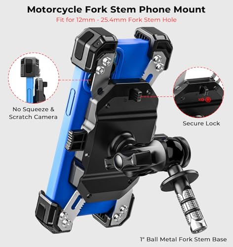 VAZESWIN Motorcycle Fork Stem Phone Mount, 1s Lock & Release, Safety Lock
