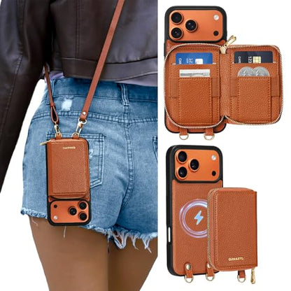 ORNARTO Magnetic Detachable Wallet Case for iPhone 17 Pro Max, Brown | Compatible with MagSafe, Crossbody Wallet Case with Card Holder Wrist Strap, RFID Blocking PU Leather Wallet Phone Cover 6.9” - color: Brown