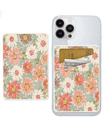 Phone Card Holder Leather, Dual Pocket Phone Wallet Adhesive Stick On, Cute Phone Case Credit Card Holder, Suitable for Most of Phones Retro Boho Flowers