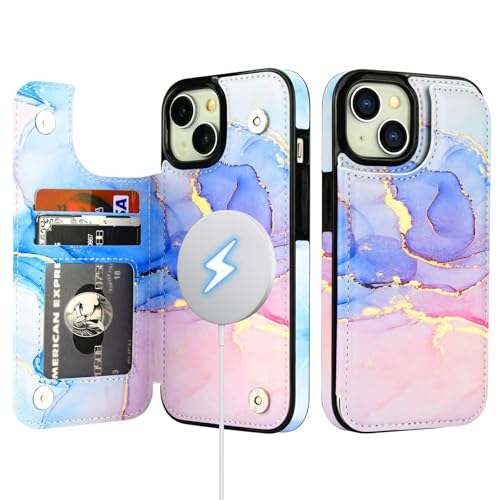 HAOPINSH for iPhone 14 Case Wallet Compatible with MagSafe Wireless Charging, Pink Blue Marble Pattern Back Flip Folio RFID Blocking Leather Kickstand Card Slots Case Double Magnetic Clasp Cover 6.1" - color: Pink Blue Marble MagSafe