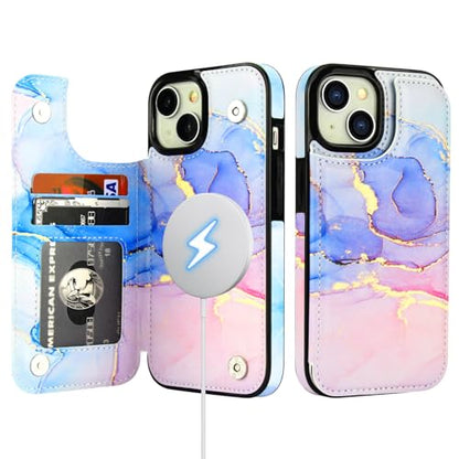 HAOPINSH for iPhone 14 Case Wallet Compatible with MagSafe Wireless Charging, Pink Blue Marble Pattern Back Flip Folio RFID Blocking Leather Kickstand Card Slots Case Double Magnetic Clasp Cover 6.1" - color: Pink Blue Marble MagSafe