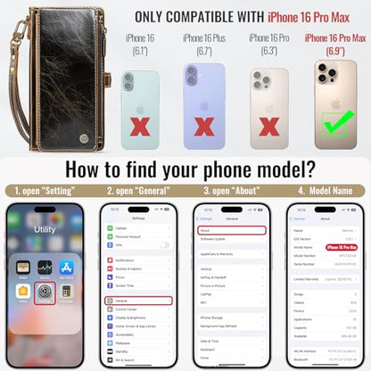 Defencase for iPhone 16 Pro Max Wallet Case with RFID Card Holder, Coffee | Durable Soft PU Leather, with Zipper Pocket, Wrist Strap, Fashion Snap Flip Phone Cases Cover with Stand for Women and Men - color: Coffee