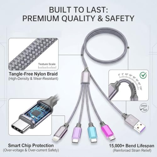 4 in 1 Multi Charging Cable 4ft 2 Pack,Braided MFi Certified Charger Cable - color: Multicolor-4ft-2Pack