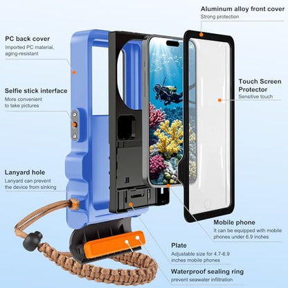33ft Snorkeling Phone Case, Gen 4 IP68 Waterproof Housing for iPhone 16/15/14/13/12/11 Pro Max Samsung Galaxy S24/S23/S22, Touchscreen Full Protection - color: Black_Blue