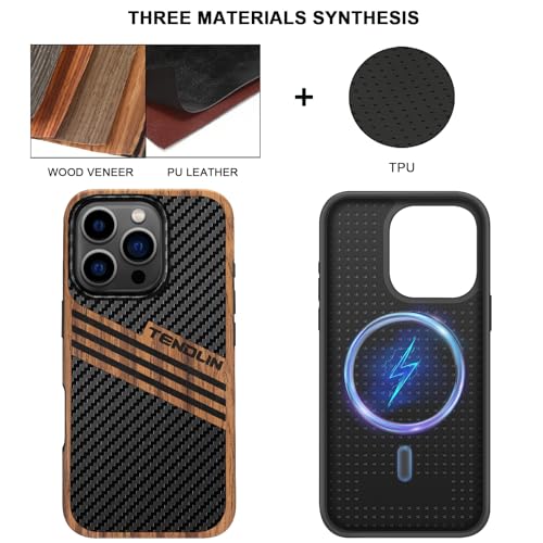 TENDLIN Magnetic Case Compatible with iPhone 16 Pro Phone Case Wood Grain with Carbon Fiber Texture Design Leather Hybrid Slim Cover (Compatible with MagSafe) Three Stripe - color: Magnetic Three Stripe, size: iPhone 16 Pro