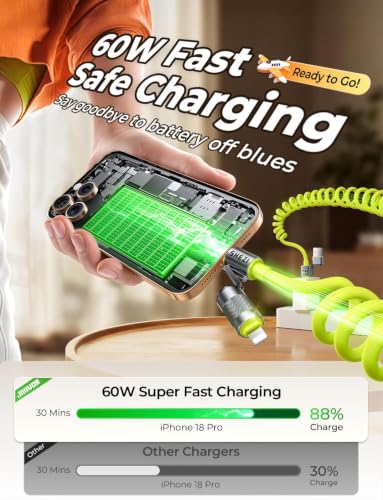 4 in 1 Coiled USB C Cable for Car, 60W USBA/C to Lightning/USBC Cable Combo - color: Green, size: 60W, style: Coiled Cable