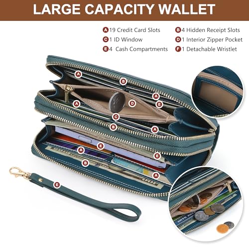 yiijay Womens Wallet RFID Blocking Large Capacity Vegan Leather Double Zip Wristlet Wallet Card Holder Travel Ladies Clutch - color: Dark Green
