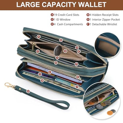yiijay Womens Wallet RFID Blocking Large Capacity Vegan Leather Double Zip Wristlet Wallet Card Holder Travel Ladies Clutch - color: Dark Green