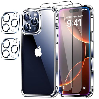 5 in 1 Clear Case for iPhone 16 Pro 6.3-Inch, with 2 Screen Protector and 2 Camera Lens Protector, 9H Edge Protection Tempered Glass Film, Shockproof Drop Transparent Protection Cover - size: iPhone 16 Pro