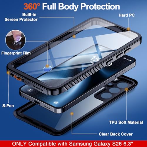 xiwxi for Samsung Galaxy S26 Case Waterproof,[IPX8 Underwater Case][Full Body Shockproof & Military Dropproof] Built-in Screen & Camera Lens Protector for Galaxy S26 6.3"-Black - size: For Samsung S26-6.3"