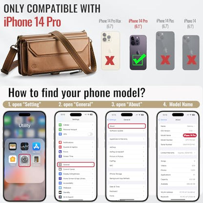 Strapurs Wallet Case Compatible with iPhone 14 Pro RFID Blocking 7-Card Holder Soft PU Leather Magnetic Snap Shoulder Strap Zipper Pocket Phone Case Fit for iPhone 14 Pro 6.1" - Brown | RFID Blocking 7-Card Holder, Shoulder Lanyard, Wirst Strap, Zipper Po