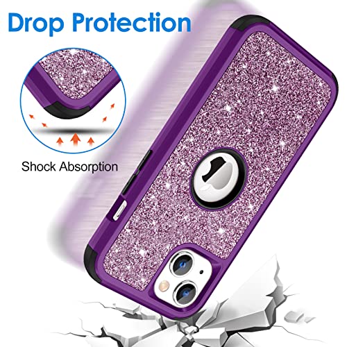 Hython Case for iPhone 13 Case Glitter, Cute Sparkly Shiny Bling Sparkle Cover, Heavy Duty 3 in 1 Hybrid Hard PC Soft TPU Bumper Full Body Shockproof Protective Phone Cases for Women Girls, Purple - color: Purple