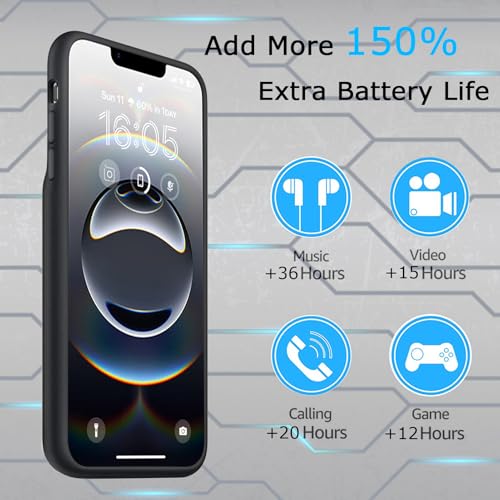 Battery Case for iPhone 16e/17e, Upgraded 10800mAh Rechargeable Portable Extended Battery Pack Supported Qi Wireless Charging Case Compatible with iPhone 16e/17e(6.1 inch) Charger Cover(Black) - size: iPhone 16e/17e
