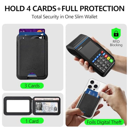 Magnetic Phone Wallet Stand for iPhone,4-Card Holder with RFID Blocking,6X Stronger Magnet,0.28in Slim Vegan Leather,Built-in Mirror &180° Stand for iPhone 17/16/15/14/13/12 Series(Black) - color: Black