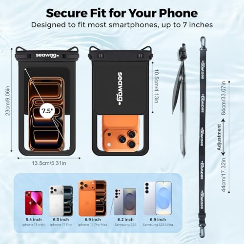 SEAWAG Waterproof Phone Pouch with Pocket for Keys, IPX8 Dry Bag up to 7.5in Plus Underwater Case for iPhone & Samsung, Full Touchscreen, Lanyard, Beach Travel Swimming Black