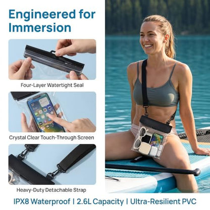 Waterproof Phone Pouch 2.6L Large Capacity Dry Bag with Sensitive Touch Screen 3-Layer Seal Underwater Case for Beach Snorkeling Rafting-Black - color: Black