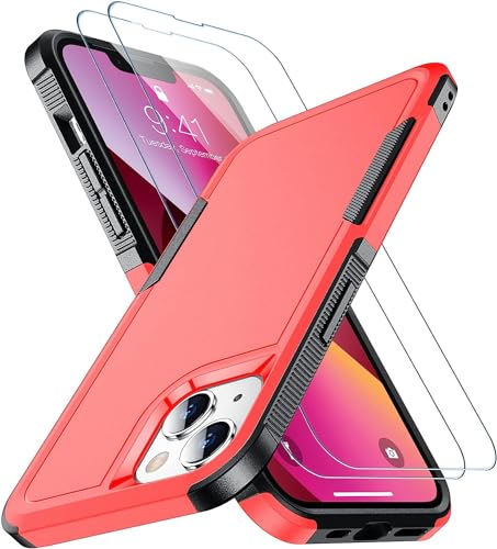 SPIDERCASE Designed for iPhone 13 Case, [10 FT Military Grade Drop Protection] [with 2 pcs Tempered Glass Screen Protector] Slim Case for iPhone 13 6.1 inch -Red - color: Dark Red, size: for iPhone 13