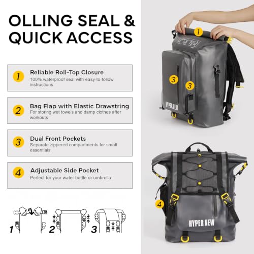 30L Dry Backpack Waterproof, Dry Backpack for Men Women, Ideal for Kayaking, Boating, Paddle Boarding, Fishing, Hiking, Camping & Outdoor Travel Essentials - color: Grey
