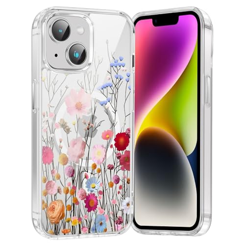 for iPhone 13/14 Magnetic Case Cute Clear Flower Pattern Case, Aesthetic Spring Floral for Girls Women, Soft TPU Clear Slim Anti-Drop Shockproof Protective Phone Cover - Blue Flower - color: Branch Flower, size: iPhone 13/14