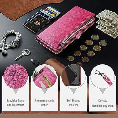 XcaseBar Compatible with Samsung Galaxy A16 5G Wallet case with Zipper Credit Card Holder【RFID Blocking】,Flip Folio Book PU Leather Phone case Shockproof Cover Women Men for Samsung A16 case Rose Red - color: Rose Red