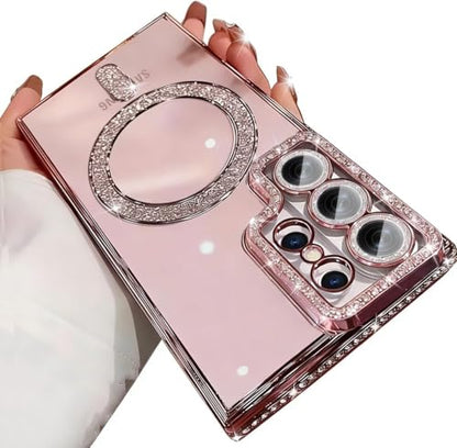 for Samsung Galaxy S26 Ultra Clear Glitter Case Magnetic, [Compatible with MagSafe] Women Cute Bling Diamond Sparkly Case Camera Lens Protectors Plating Cover for Galaxy S26 Ultra, Pink - color: Pink
