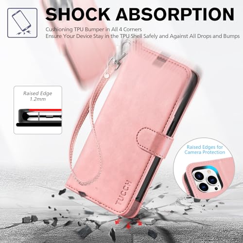 TUCCH Wallet Case with Wrist Strap for iPhone 14 Pro (6.1") 2022, Rose Gold | 4 Card Holders, RFID Blocking, Viewing Stand, Shockproof TPU Shell, PU Leather, Magnetic Closure, Folio Flip Cover - color: Strap - Rose Gold