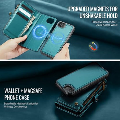 Defencase for iPhone 17e/16e Case Wallet Compatible with Magsafe, Bluegreen | Drop-Proof Magnetic Detachable Phone Cases Cover, with RFID Bolcking Card Holder, Zipper Strap, PU Leather, Removable Wallet - color: (Detachable with Magsafe)-Blue Green