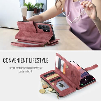 Compatible with Samsung Galaxy S26 Ultra Wallet Case with Card Holder Kickstand Magnetic Zipper Pocket Lanyard Strap Wristlet,Leather Flip Case Wallet for Galaxy S26 Ultra 6.9 Inch (Red) - color: Red, size: S26 Ultra 6.9 Inch