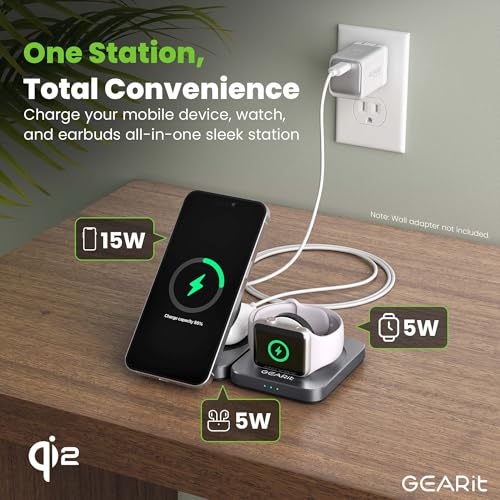 GEARit 3-in-1 Wireless Charging Station - Qi2 MagSafe Charger Stand for Phone, Watch and Earbuds - Works with iPhone 15, 16, 16 Pro, Pro Max, Apple Watch, Airpods, Samsung Galaxy and Multiple Devices